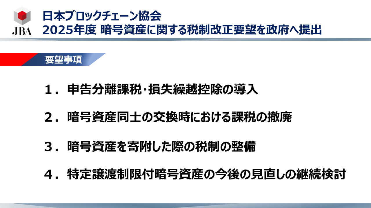 暗号資産に関する税制改正要望（2025年度）を政府に提出しました。 | JBA | 一般社団法人 日本ブロックチェーン協会 | Japan  Blockchain Association
